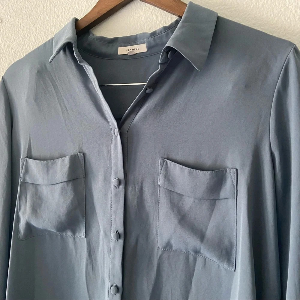 Anthropologie Pleione Blue Utility Blouse Button Up Quiet Luxury Minimalist M - Picture 3 of 11
